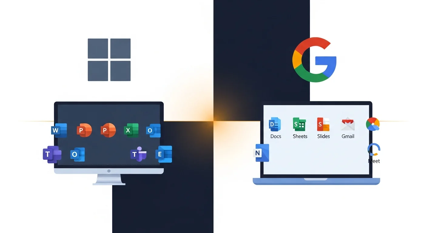 Microsoft 365 and Google Workspace logos compared for small business productivity suite decision