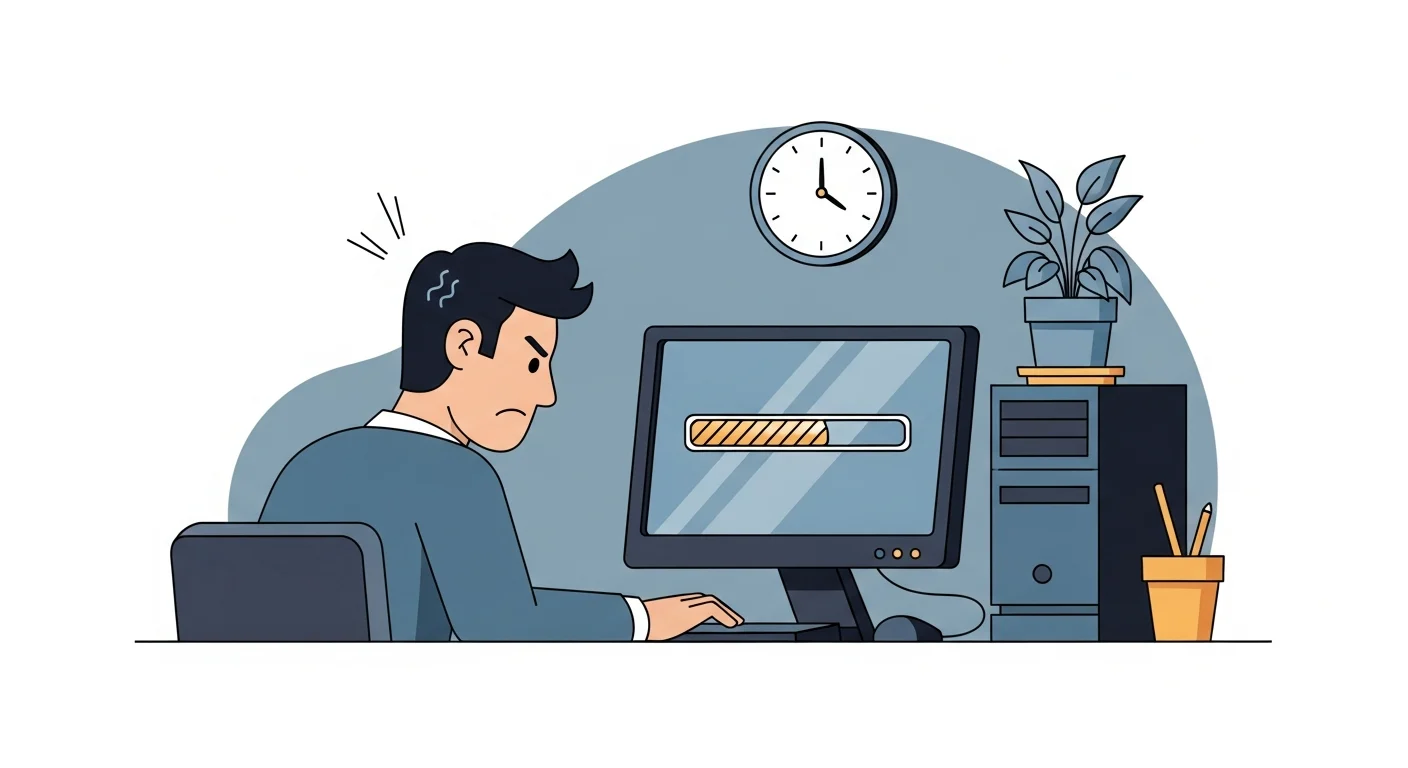 Frustrated office worker at slow computer — troubleshooting tips before calling IT support