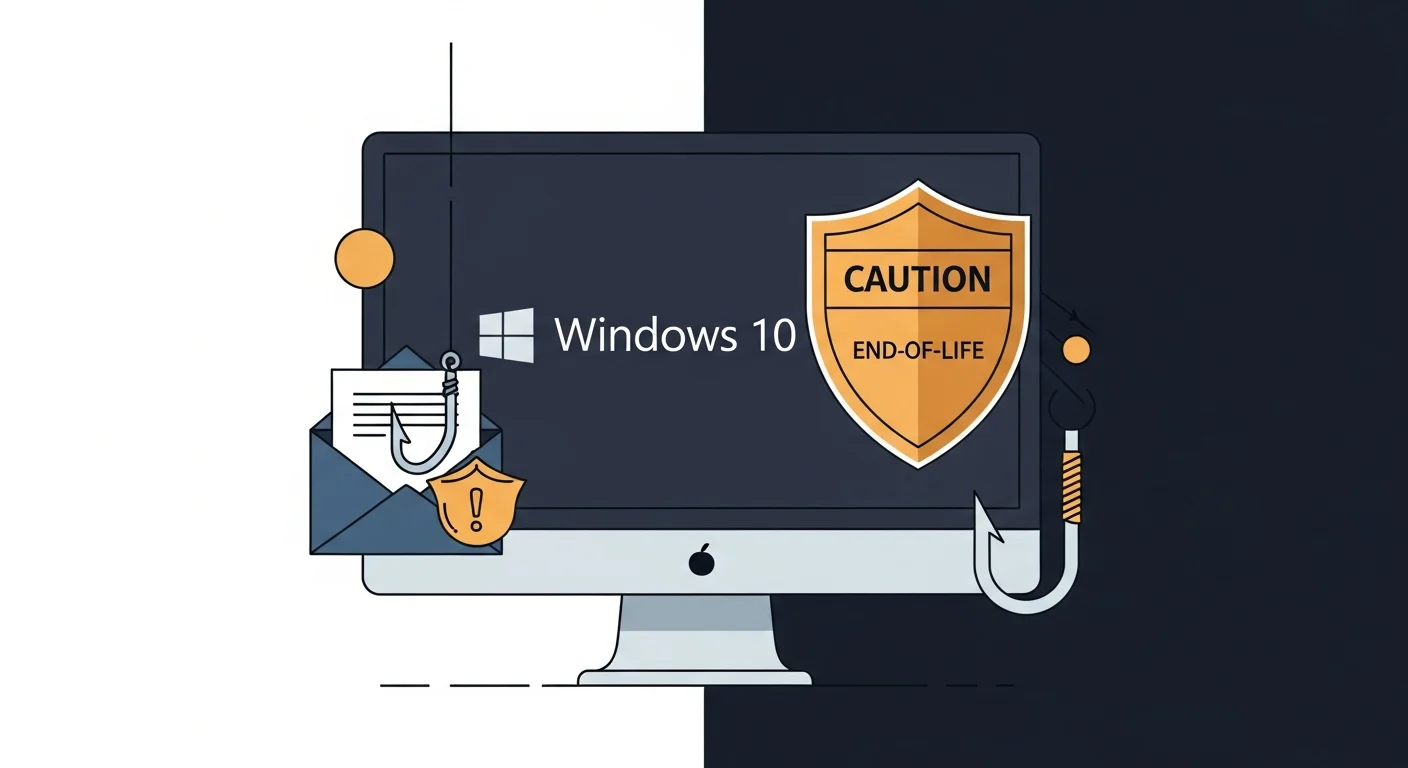 Windows 10 end of support notification on screen — increased phishing and security risk for unpatched systems