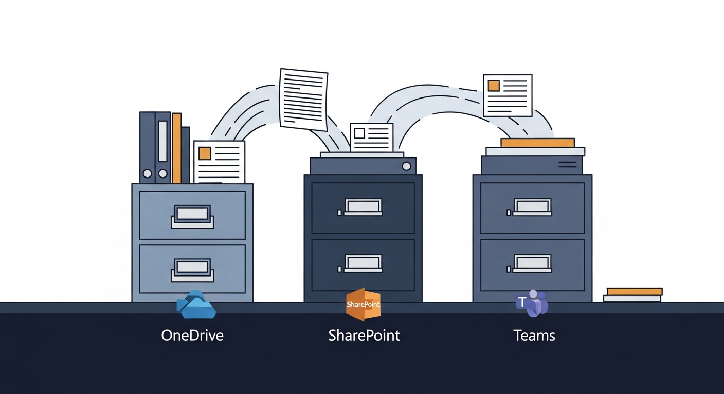 OneDrive, SharePoint, and Teams icons showing where files should live in Microsoft 365 for small business
