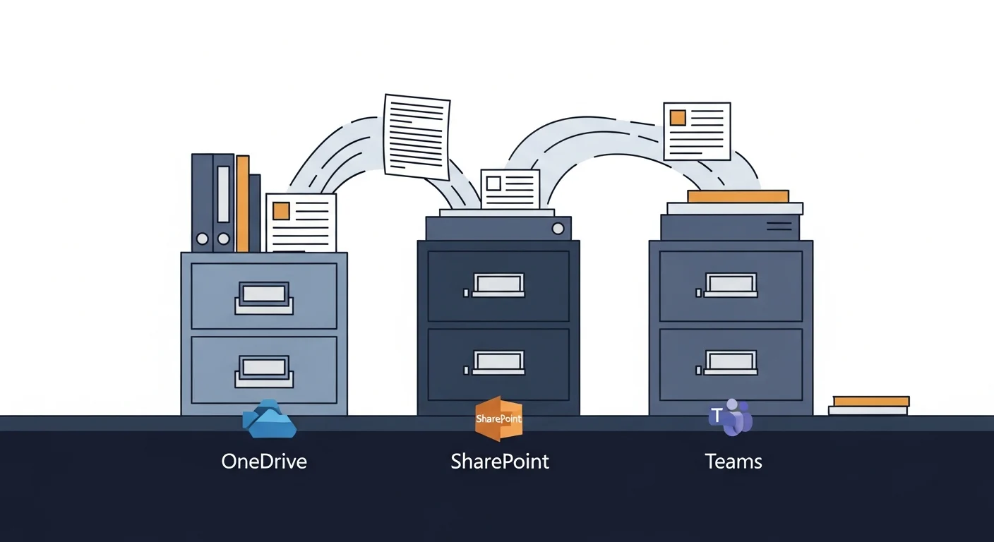 OneDrive, SharePoint, and Teams icons showing where files should live in Microsoft 365 for small business