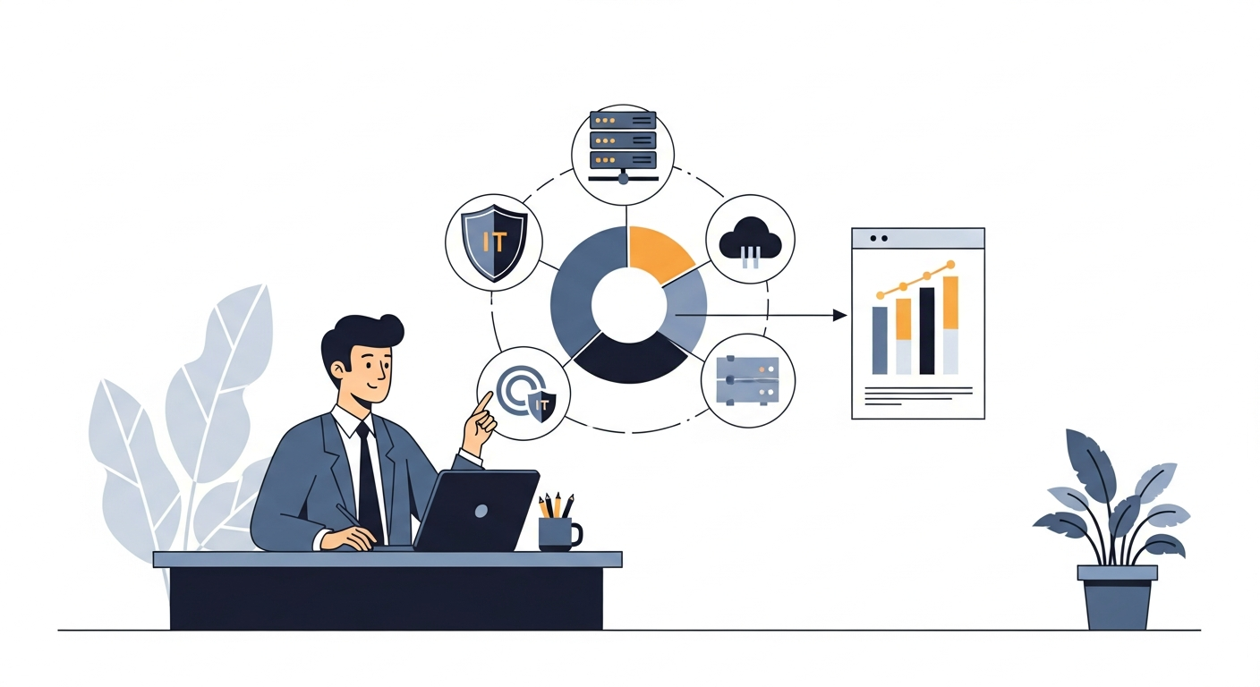 Small business owner reviewing IT budget breakdown with pie chart of technology expenses