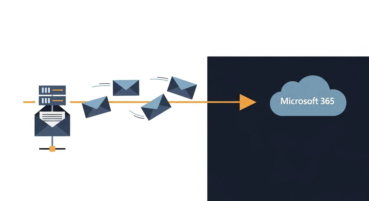 Email envelopes migrating along an arrow path from an old mail server into a Microsoft 365 cloud symbol