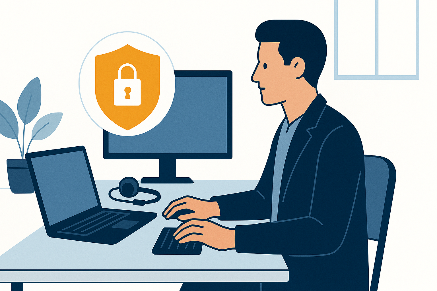 Remote employee at a home office desk with laptop, monitor, and headset — representing a secure IT setup for remote work