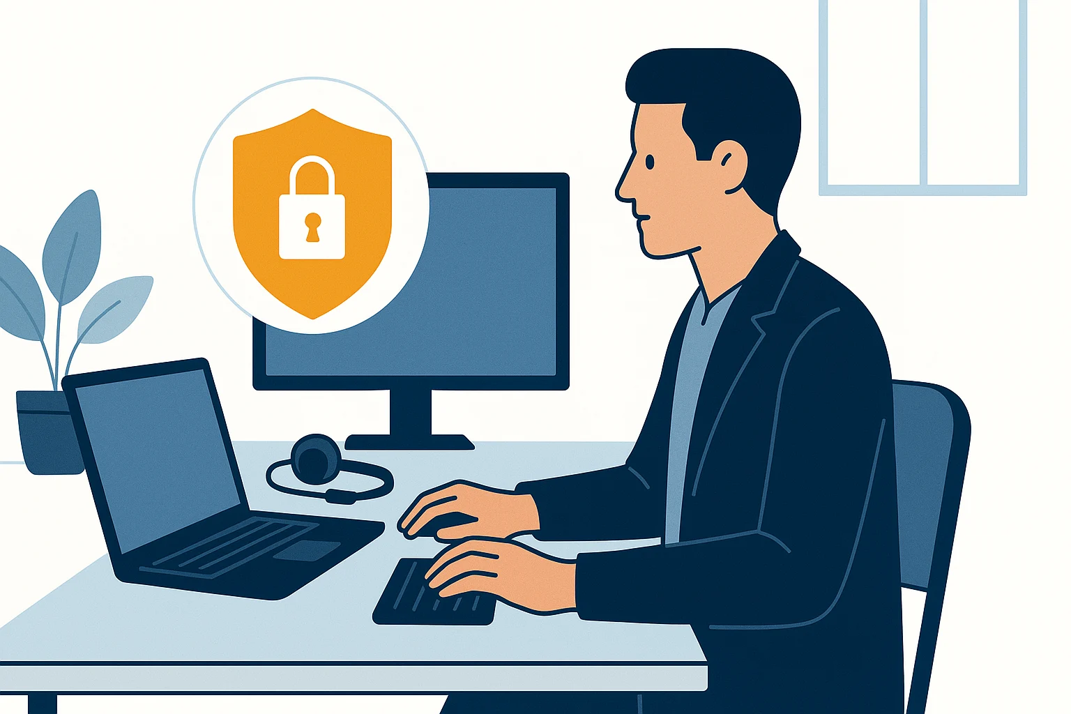Remote employee at a home office desk with laptop, monitor, and headset — representing a secure IT setup for remote work