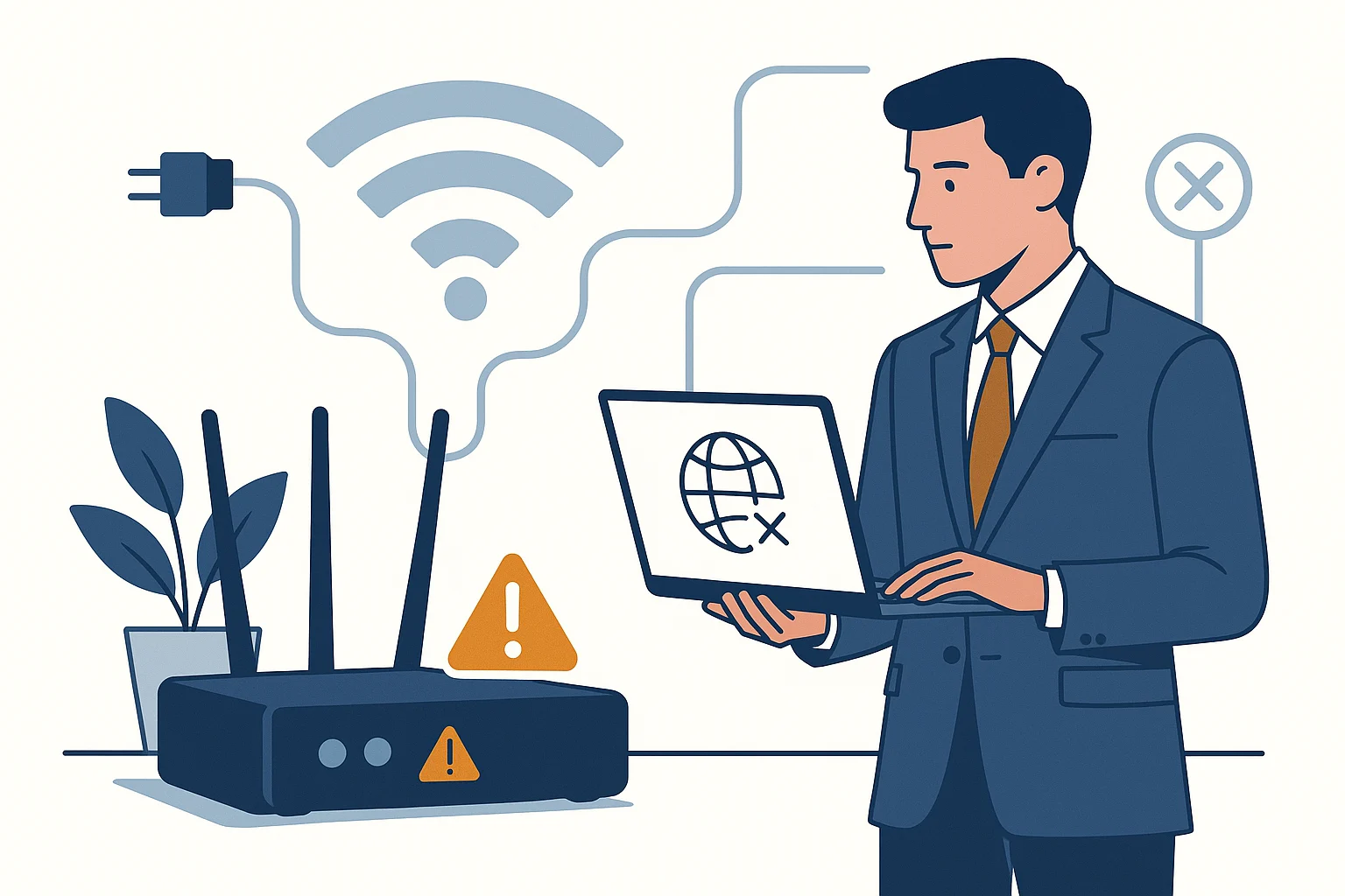 Office router showing a warning light with a disconnected network icon on a nearby laptop — internet troubleshooting