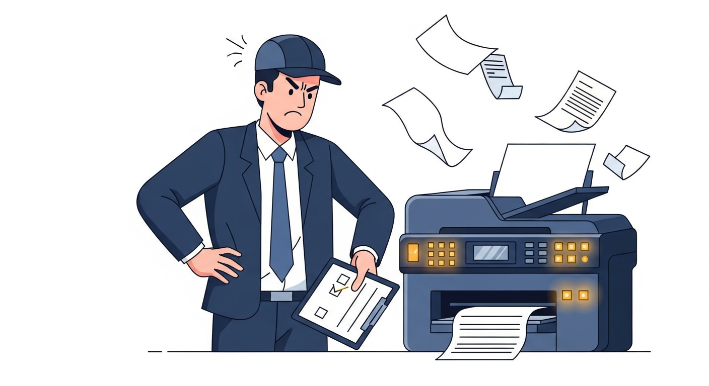 Office worker holding a checklist clipboard beside a jammed printer with error lights on