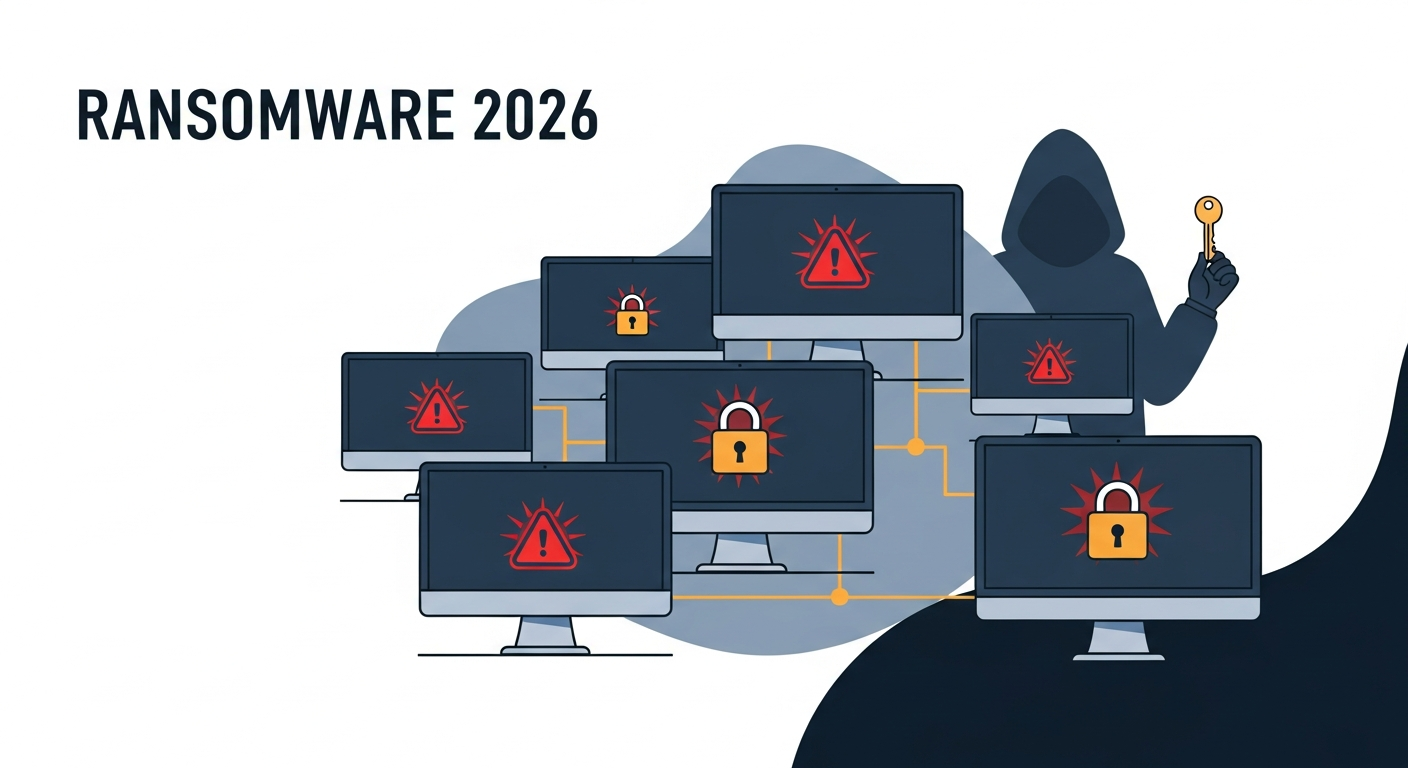 Network of office computers locked with padlocks and warning symbols illustrating a ransomware attack