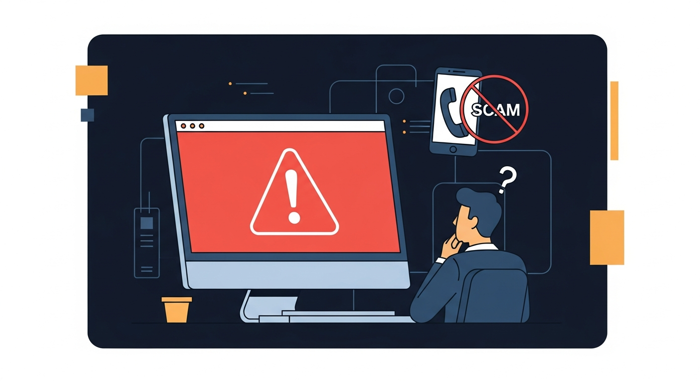 Computer screen displaying a fake red warning popup — tech support scam alert