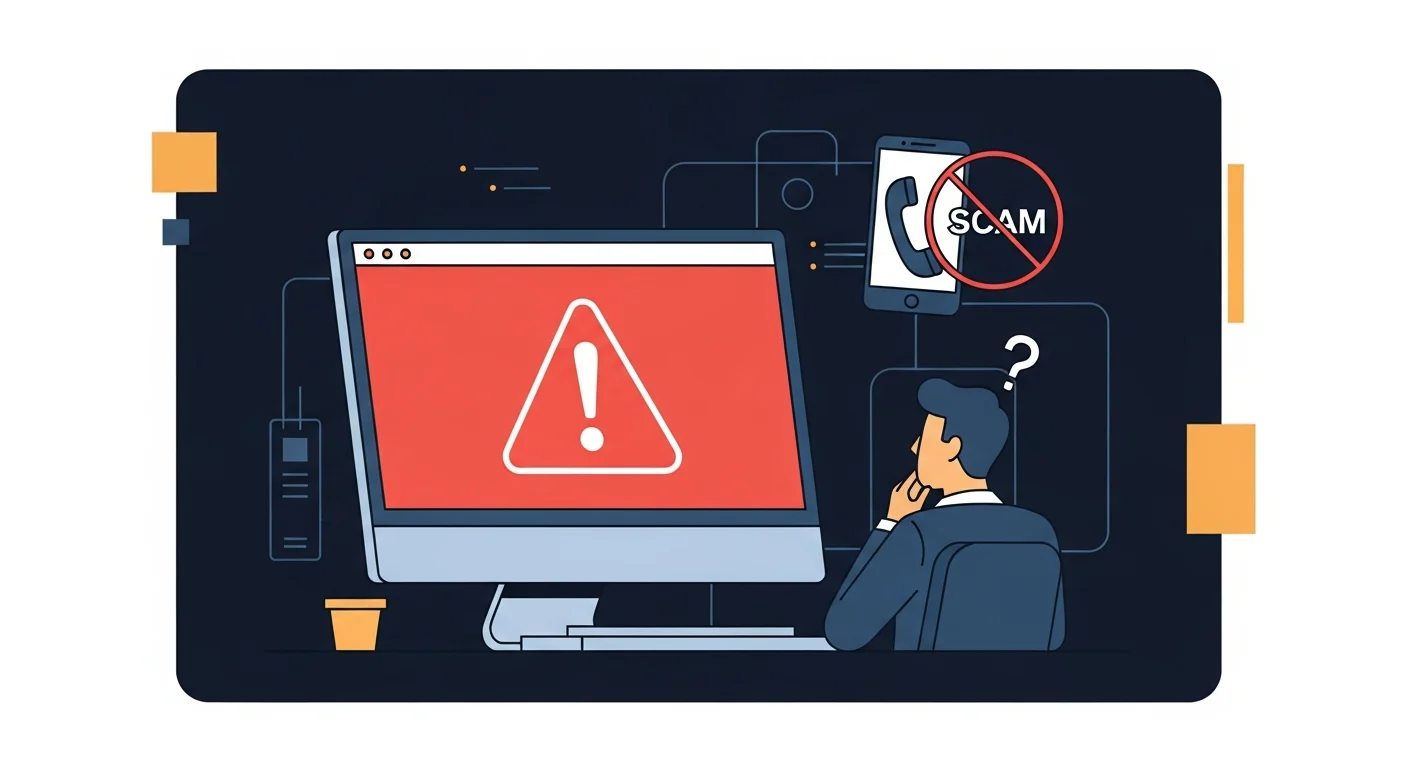 Computer screen displaying a fake red warning popup — tech support scam alert