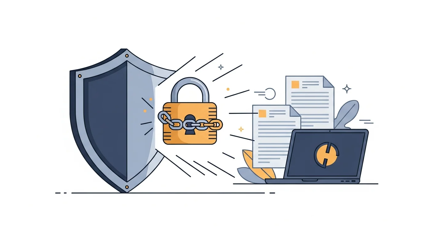 Flat vector illustration of a protective shield deflecting a ransomware padlock symbol, with business documents and laptop in the background — iKonyk Solutions cybersecurity protection