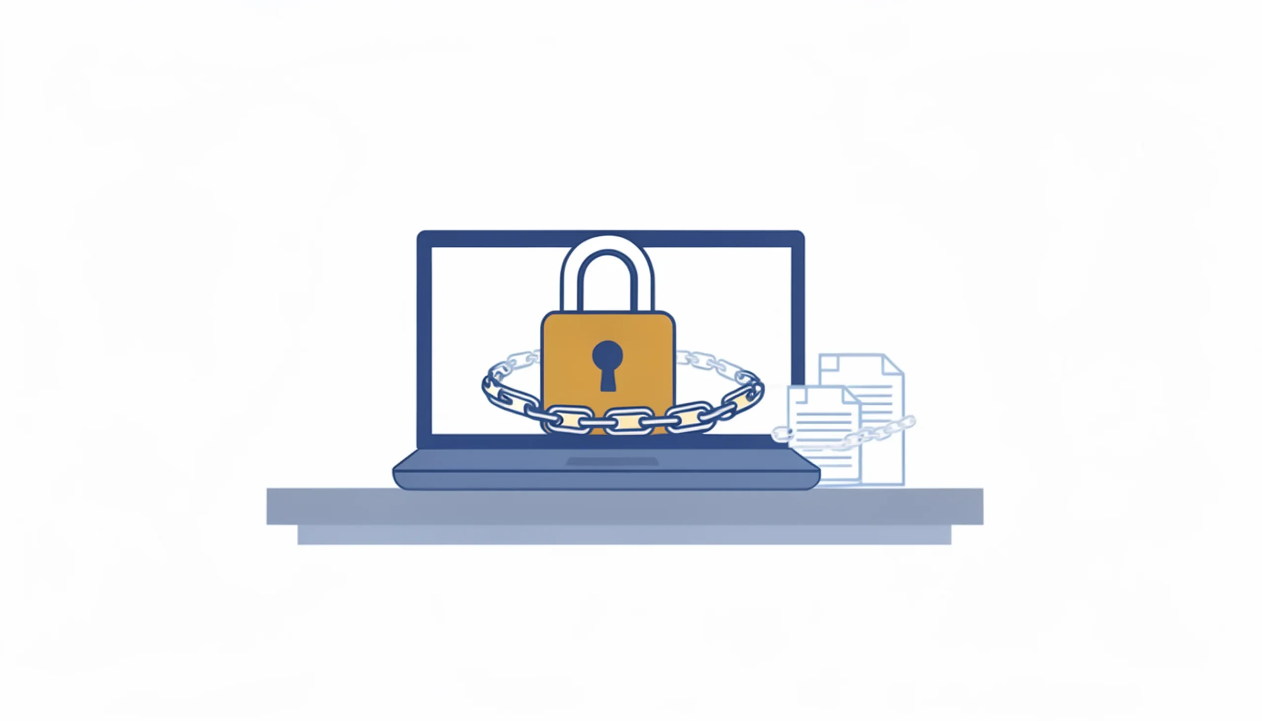 A closed laptop wrapped in a chain with a padlock on top, next to a small stack of locked document icons — representing a ransomware attack encrypting business files.