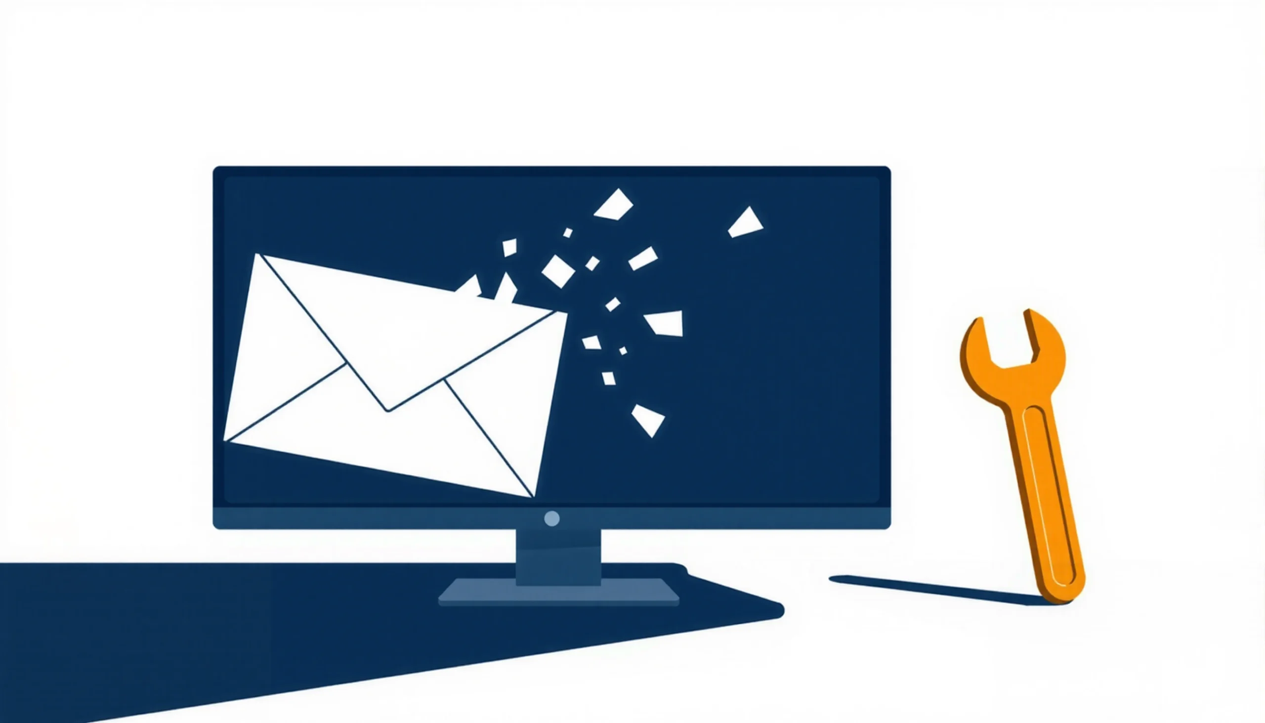 A computer monitor showing an email envelope breaking into fragments, with repair tools beside it — illustrating fixing Outlook crashes