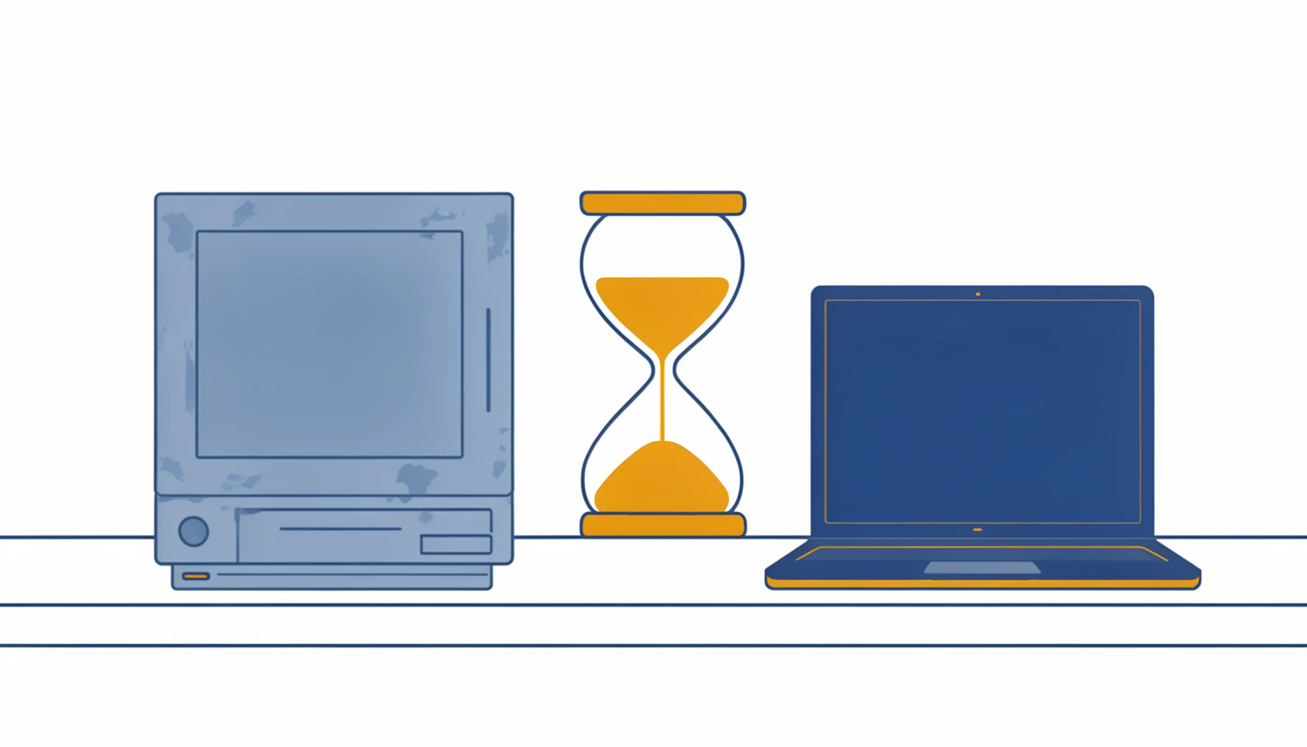 An old desktop computer and a modern laptop on a desk with an hourglass between them, illustrating when to replace business computers