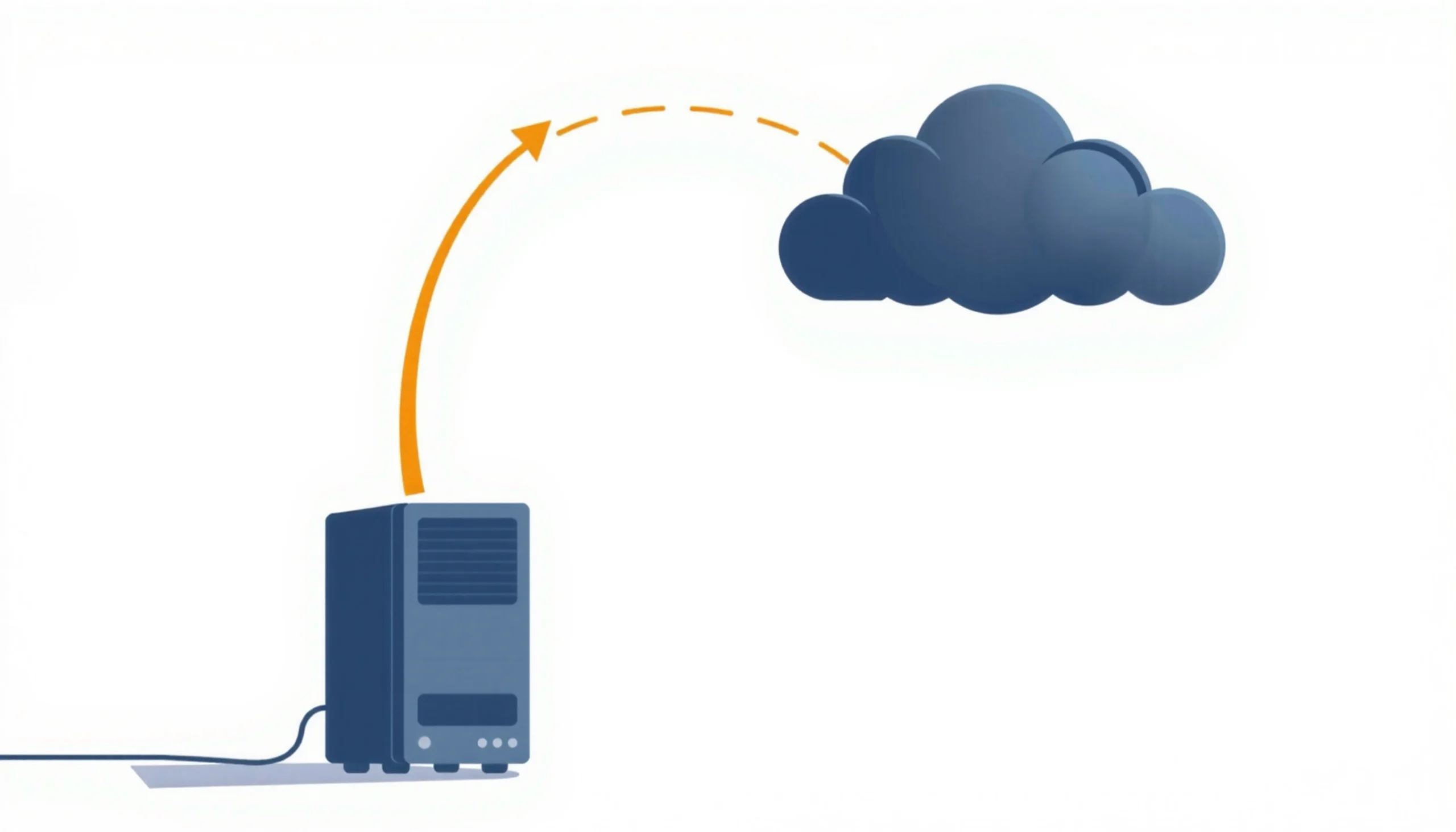 An old office server with folders rising toward a cloud, illustrating a move from an on-premises server to cloud services