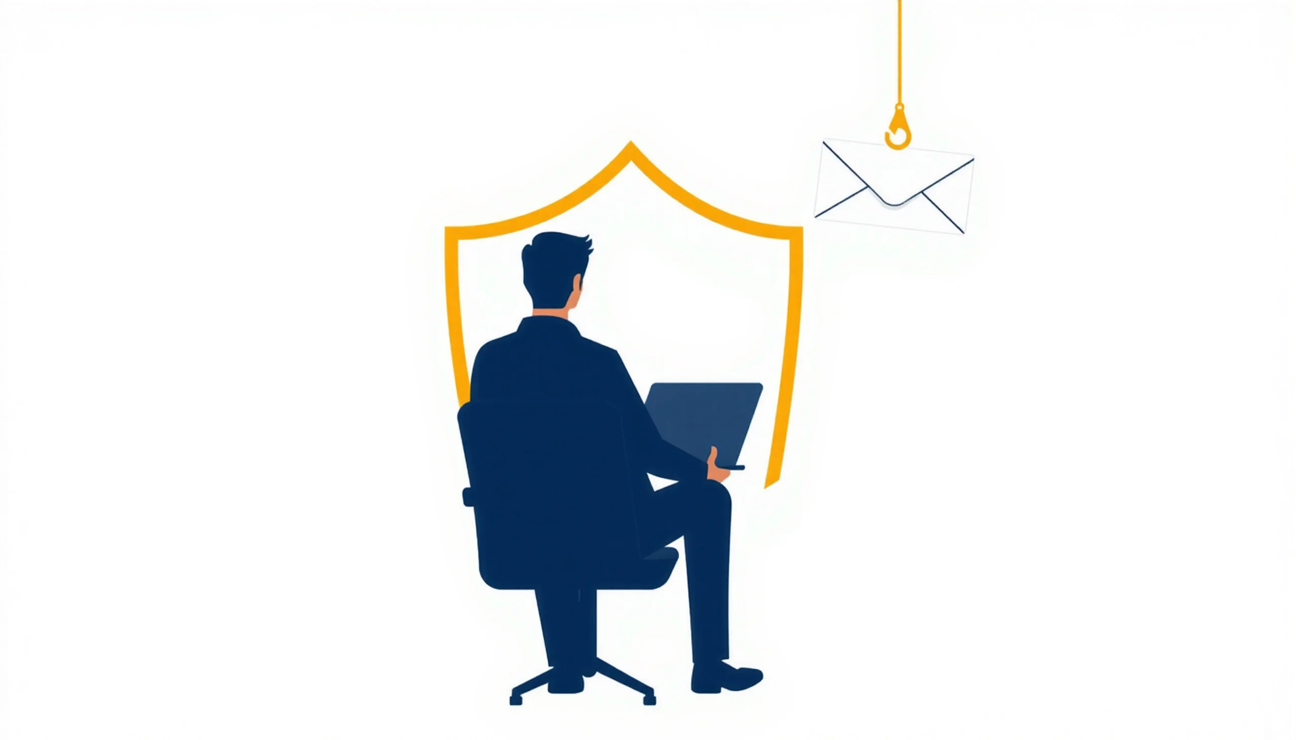 An office worker at a laptop sheltered by a large shield while a phishing email pierced by a fishing hook dangles nearby