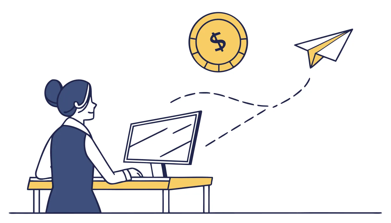 A woman working at a desktop computer, with a gold coin marked with a dollar sign and a paper airplane trailing a dashed flight path above the monitor, illustrating a business email compromise scam