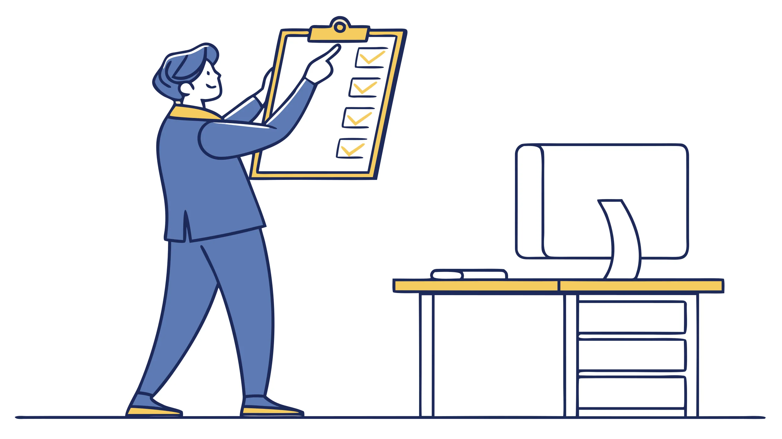 A person checking off items on a clipboard checklist beside a desk with a computer monitor, illustrating what to ask before choosing an IT company