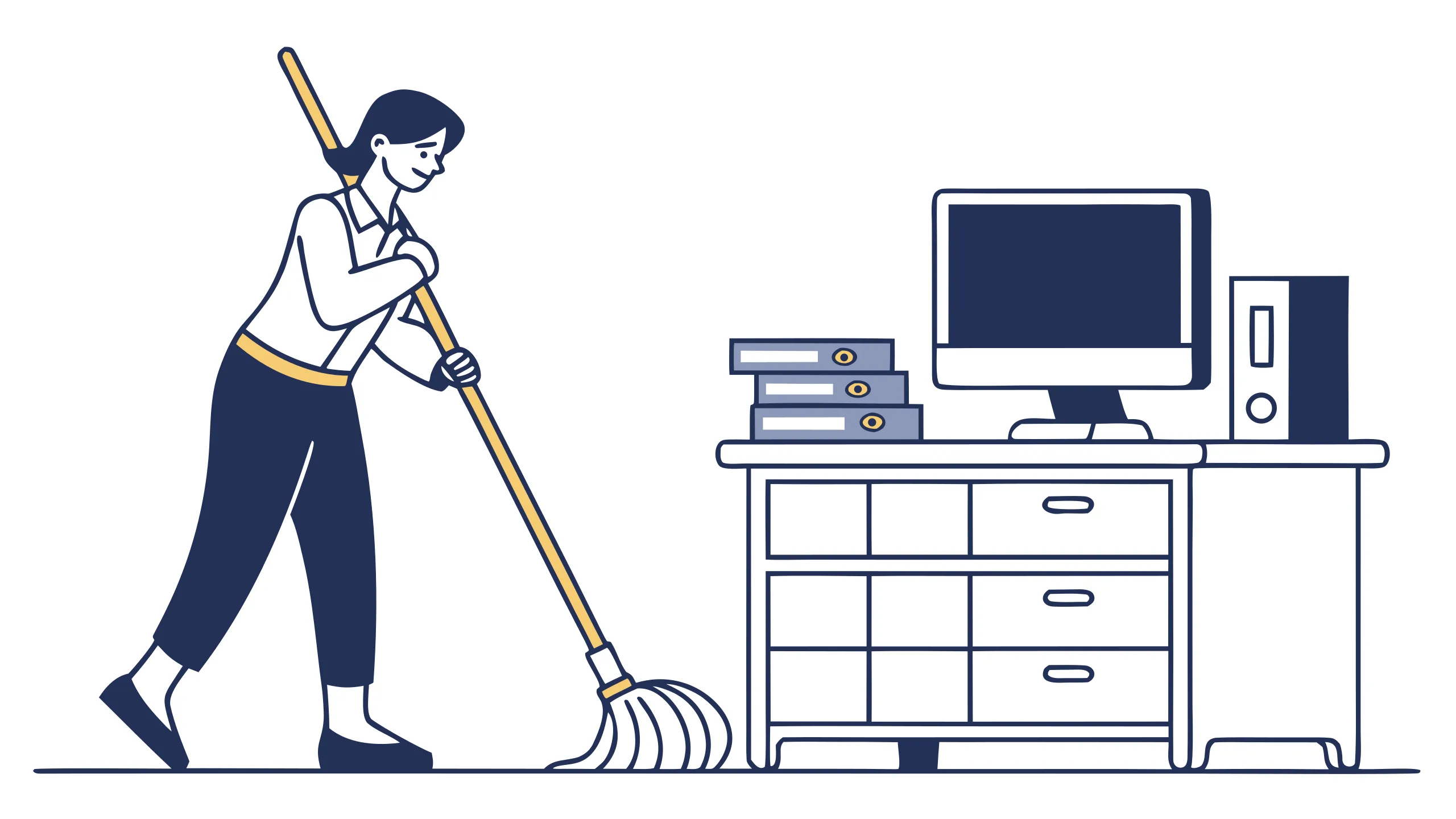 An office worker sweeping a small stack of folder icons off a desk with a broom, beside a desktop computer monitor, illustrating freeing up disk storage space by clearing old files