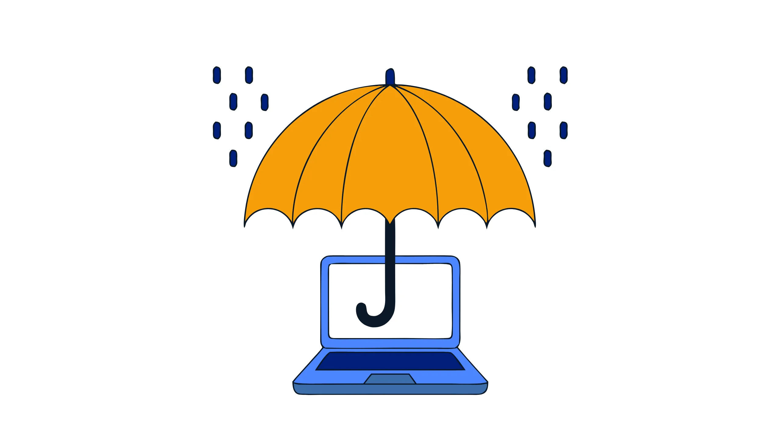 A laptop sheltered by an open amber umbrella with raindrops falling on either side, illustrating cyber insurance protecting a small business