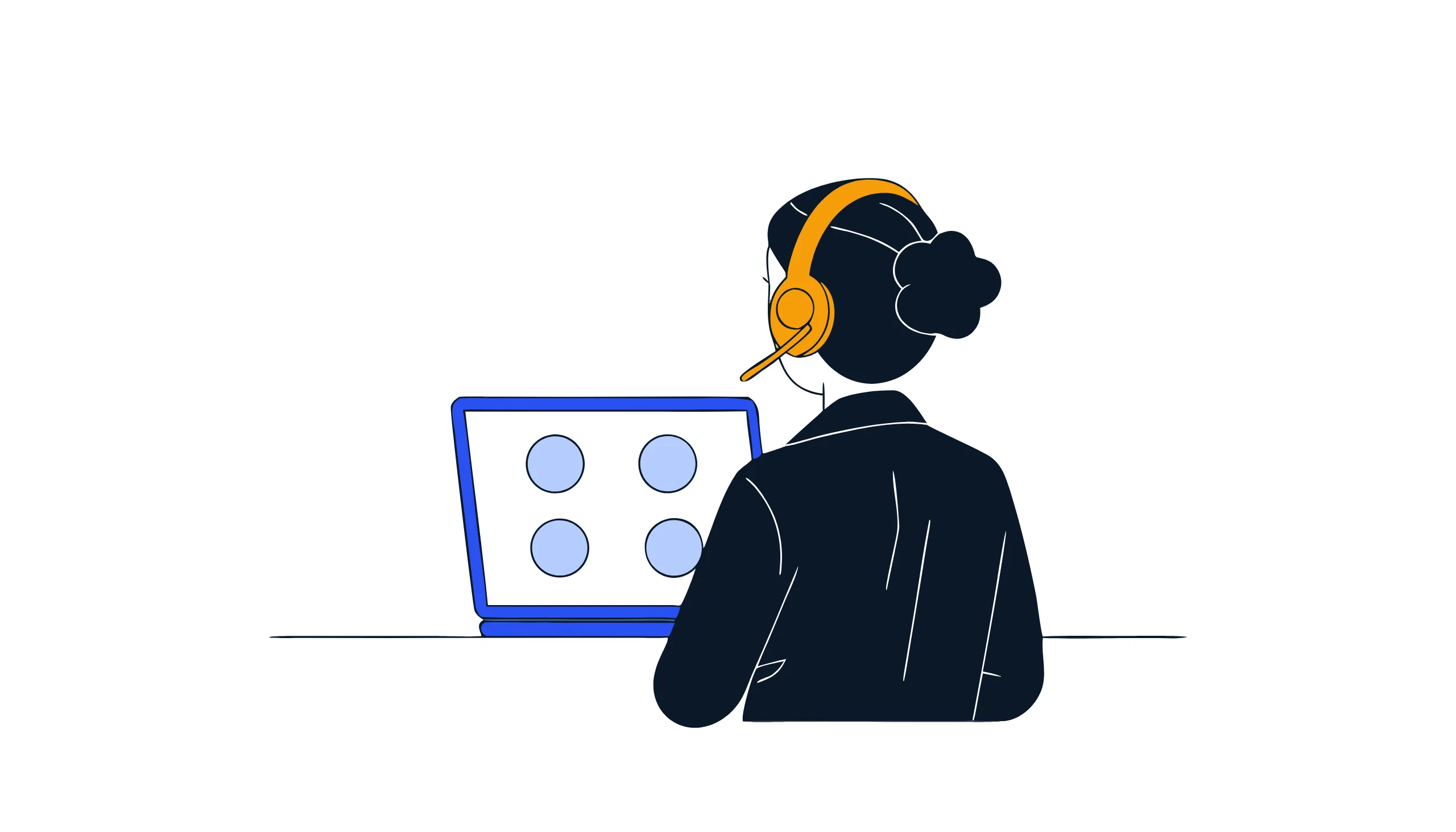 A person wearing an amber headset at a laptop on a video call, with four participant tiles on the screen, illustrating Microsoft Teams meeting tips