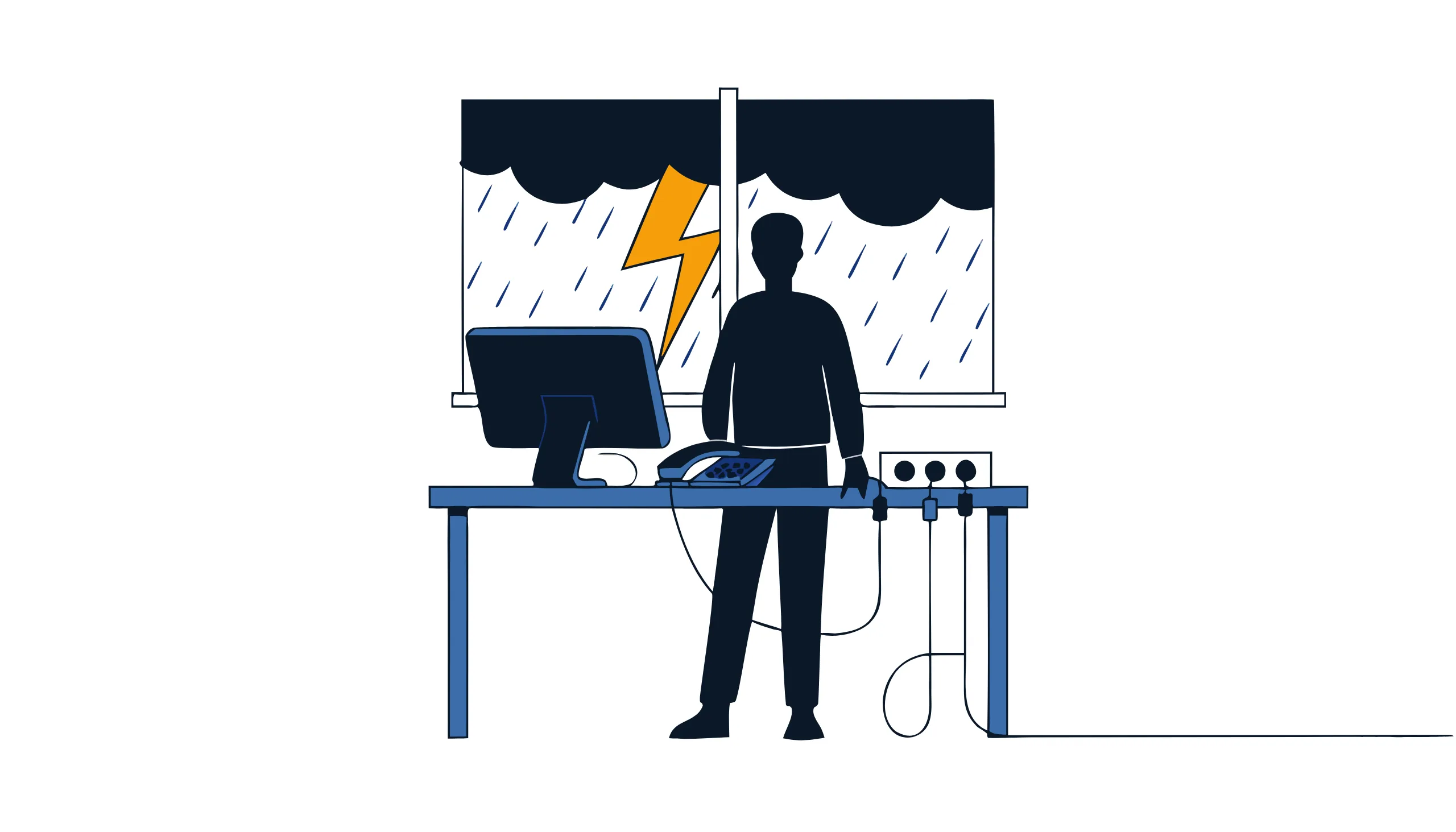 A silhouette of a person standing at a desk with a dark monitor, a desk phone and a power bar with three cables, in front of a window showing a storm with lightning, illustrating an electrical surge taking out an office network