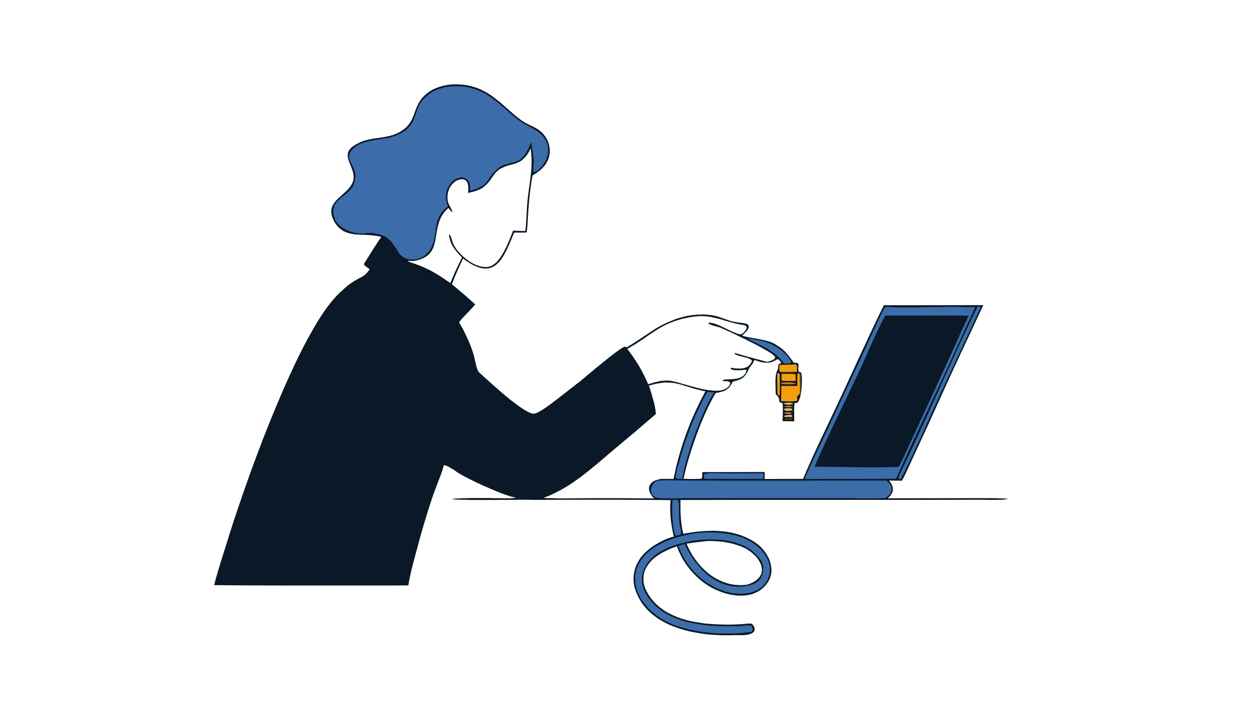 A person at a desk holding an ethernet cable that has been unplugged from a laptop, illustrating taking a computer off the network when you suspect a virus