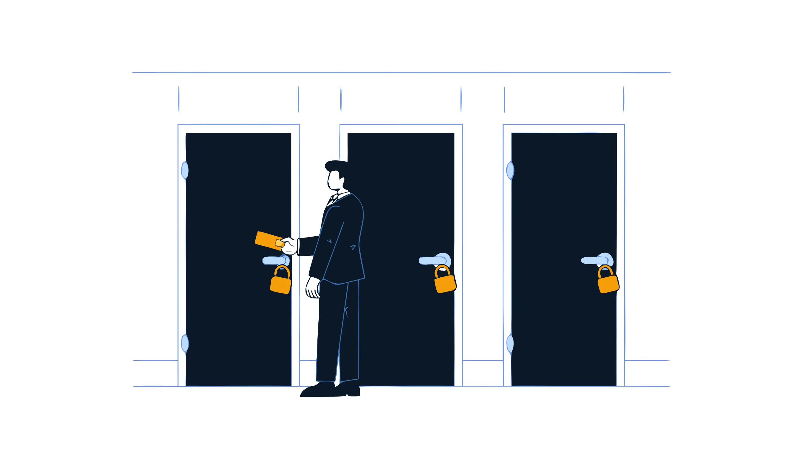 A person holding an amber keycard to the first of three doors in a hallway, each door with its own padlock, illustrating Zero Trust checking access at every door